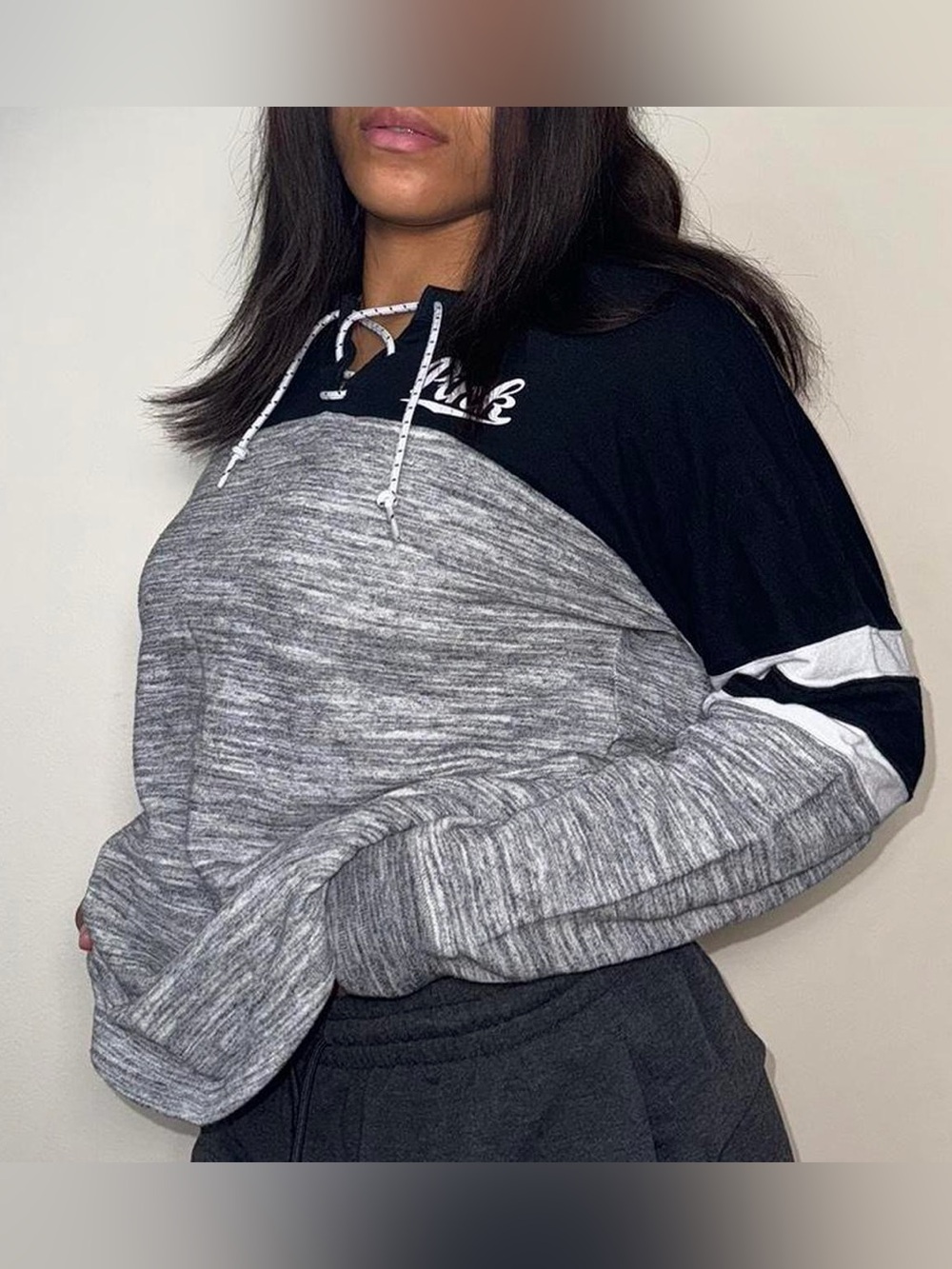 PINK Victoria's Secret Black & Grey Marled Pullover Hoodie